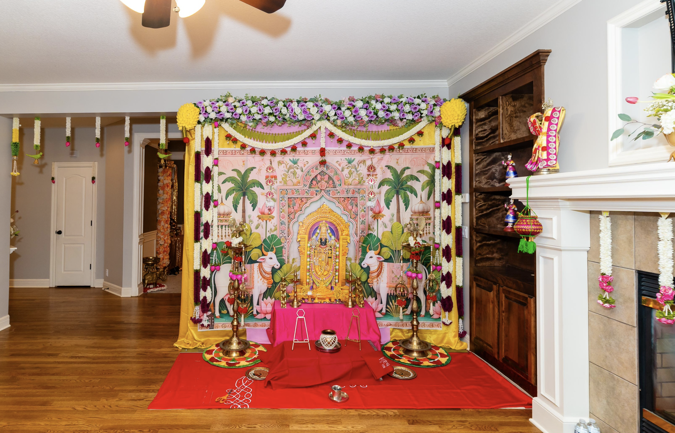 Artistic arrangement of Ladoos and flowers